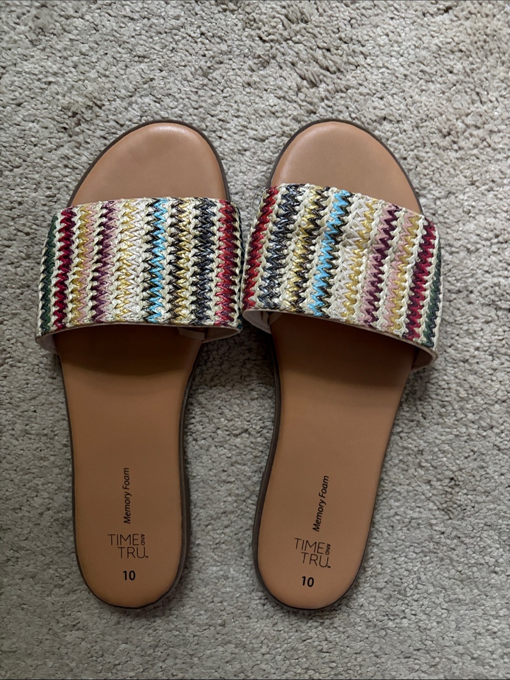 Time and Tru Tan Slide Sandals with Multicolor Woven Straps